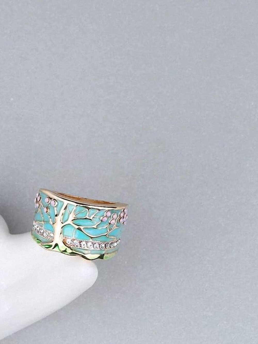 Lucky Flower Tree Rings Gold Pink Opal Green Enamel Wide Ring for Woman Party Cr - Picture 3 of 6